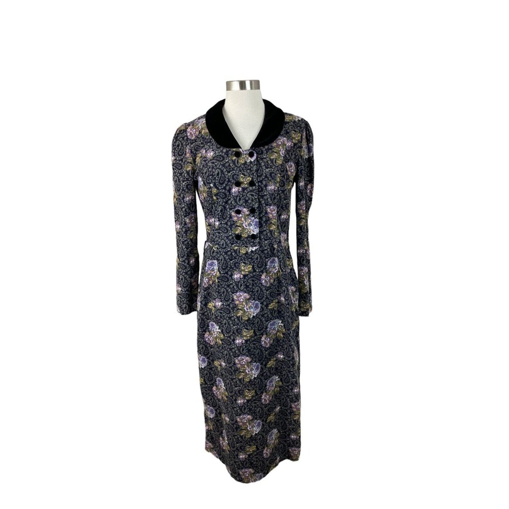 Laura Ashley Black Floral Midi Dress with Purple and Yellow Accents